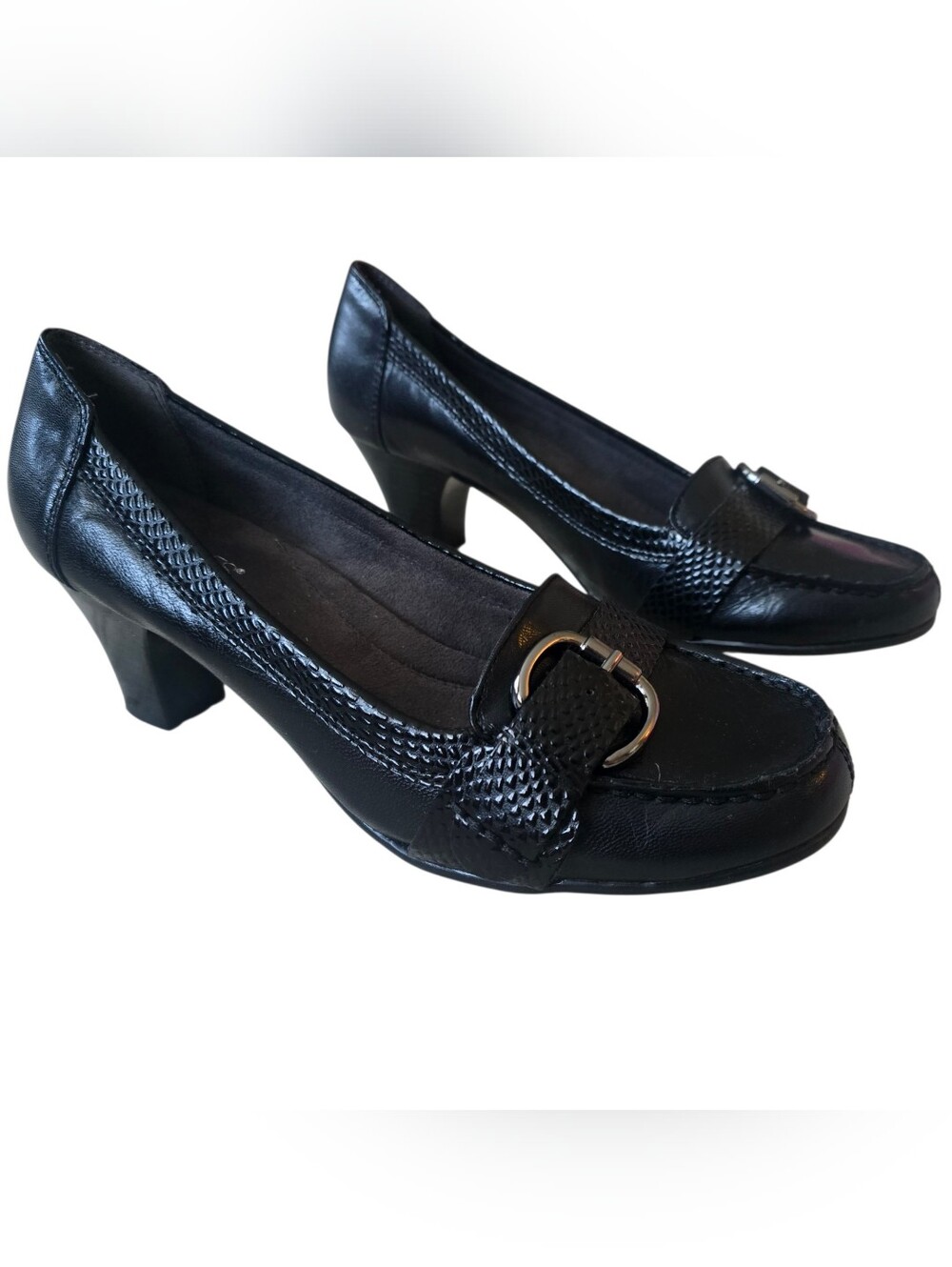 Aerosoles Heel Rest Black Leather Block Heeled Loafer Silver Buckle Size 9.5M